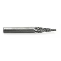Double-cut pointed-end cone bur with a 1/4" x 3/4" head and 1/4" shank. Trade number SM-2. Used for deburring, shaping, and finishing metal parts in industrial machining, tool and die making, and fabrication. The pointed-end cone shape allows access to tight angles and contours