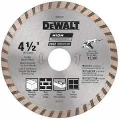 This 4-1/2-inch diameter diamond blade features a turbo rim for wet or dry cutting of concrete and asphalt. With a 7/8-inch arbor, it is designed for use with angle grinders in masonry, construction, and demolition tasks.