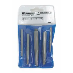 This 5-piece straight-flute extractor set includes sizes #1, #2, #3, #4, and #5, with a capacity range of 1/4 in to 5/8 in. Designed for removing broken or stripped screws from metal, wood, or plastic. Suitable for use with a tap wrench or drill in automotive repair, machinery maintenance, and general industrial applications.