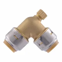 This standard brass push-to-connect tube fitting is configured as an elbow with a 5/8 in OD x 5/8 in OD size and includes a drain function. It allows tool-free connections in plumbing and fluid-handling systems, suitable for tight spaces requiring a 90-degree turn and drainage