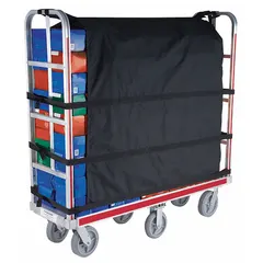 This nylon containment curtain secures loads on narrow tall-handle aluminum-deck platform trucks. It prevents items from shifting or falling during transport, improving workplace safety. Overall length is 48 3/4 inches and overall width is 102 inches.