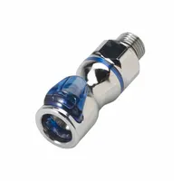 Chrome-plated brass quick-disconnect tube fitting with Cool Blue finish. Features a 1/4 in pipe size and Quick-Disconnect Coupler x BSPP connection type. Used for rapid line changes in pneumatic, fluid transfer, and cooling systems requiring secure, leak-free connections