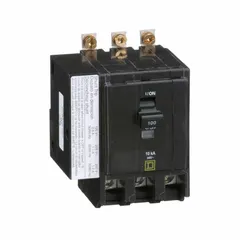 Bolt-on miniature circuit breaker rated 100 A, three-phase, 120/240V AC with a maximum interrupting rating of 10kA at 120/240V AC. Designed for use in Square D NQOD panelboards to provide overcurrent and short-circuit protection in commercial and industrial electrical distribution systems.