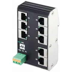 Unmanaged DIN rail-mount Ethernet switch with 8 RJ45 ports supporting 1000 Mbps network speed. Features auto-crossover for automatic cable detection. IP20 rated for indoor use. Suitable for connecting multiple devices in industrial control networks.