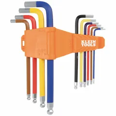 This 10-piece SAE hex key set includes long, single ball-end keys with two tips. The keys are powder coated and stored in a color-coded caddy for organization. Suitable for tightening and loosening hex socket screws and bolts in assembly, maintenance, and repair tasks where angled access is needed.