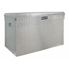 This single-lid utility chest truck box is constructed from aluminum with a silver finish. It features a push-button latch with keyed lock for security. With an overall depth of 24 inches, it is designed for organized storage of tools and equipment in pickup truck beds.