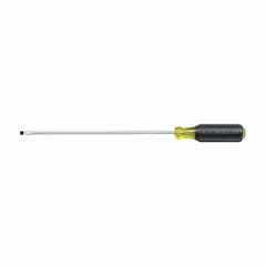 Steel slotted screwdriver with a 1/8 in tip and 8 in shank length. Cushion grip handle provides user comfort. Suitable for driving and removing slotted screws in general maintenance, construction, and electrical work.
