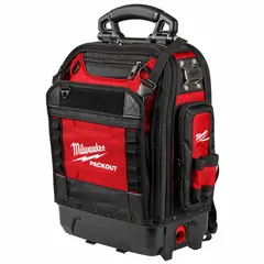 This MILWAUKEE PACKOUT tool backpack is made of red polyester and measures 18 inches wide, 9 1/2 inches deep, and 20 inches high. It features 35 inside pockets for organizing hand tools and accessories. Suitable for tradespeople requiring hands-free transport on job sites.
