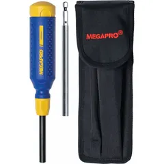 This multi-bit screwdriver includes 14 tips in Phillips, slotted, square, and Torx configurations. Overall length is 8 1/2 inches. Suitable for assembly, maintenance, and repair tasks requiring quick bit changes.