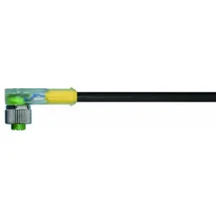Single-ended cordset with a 5-pin female M12 right-angle connector on one end and bare wire on the other. Features a black PVC jacket suitable for flexing applications. Rated IP67, 22 AWG wire, 4 A max current, 10 m cable length. Used for connecting sensors or actuators in industrial automation and material handling where space is limited and cable flexing occurs.