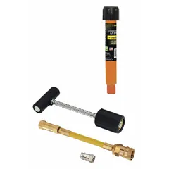 This UV leak detection kit is designed for use with R-134a automotive air conditioning systems. It includes a 0.5 oz cartridge of A/C dye for R-134a/PAG, an R-134a hose coupler, and a purge fitting. The fluorescent dye is injected into the system and glows under UV light to pinpoint refrigerant leaks.