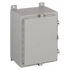 This steel washdown enclosure measures 24 x 20 x 6 inches and is rated NEMA 12/13/4 for protection against dust, falling dirt, dripping non-corrosive liquids, and hose-directed water. It features a solid hinged cover secured by clamps and does not include knockouts. Suitable for indoor industrial applications housing electrical controls and instruments.