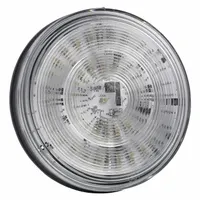 LED turn signal light with a clear round lens, 4 5/16 in overall diameter, and permanent grommet mount. Features a female pin electrical connection and meets FMVSS 108 standards. Suitable for stop, turn, and tail lighting on commercial vehicles and heavy equipment