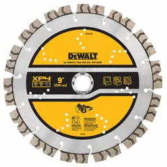 This 9-inch diamond saw blade with a 7/8-inch arbor is designed for wet or dry cutting of concrete, asphalt, block, and brick. Suitable for use with power cutters in construction and demolition applications.