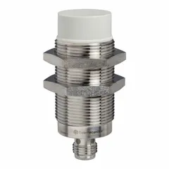 Inductive cylindrical proximity sensor with built-in connector, unshielded, NPN output. Operates on 12-24V DC supply voltage. Detects metallic objects without contact for position sensing, part detection, and machine control in industrial automation.