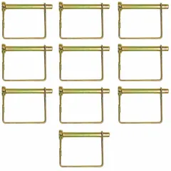 Square one-wire tab-lock pins with snap design, made of Grade 8 steel with B633-13 finish. Pin diameter 1/4 in, shank length 4 in, wire diameter 2 in. Pin diameter tolerance +0.000/-0.000 in, shank length tolerance +0.000/-0.000 in. Sold in pack of 10. Used for securing machinery guards, hinges, and quick-release assemblies in industrial settings.