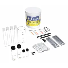 Water quality test kit for field testing of estuarine and marine water. Includes reagents and accessories for 10 demonstrations. Tests for coliform bacteria (presence/absence), pH (4-10/ORP), turbidity (0, 40, 100 JTU), and phosphate (0- PPM). Sensitivity: 4 ORP pH, 0 JTU turbidity, presence/absence coliform, 0 PPM phosphate.