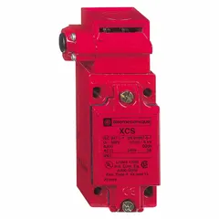Key-actuated safety-interlock switch from the XCSB Series. Features a pivoting actuating key and a 1/2 in NPT conduit terminal connection. Used to monitor the position of movable guards on industrial machinery, preventing machine operation when the guard is open.