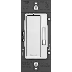 Line voltage dimmer from the Radiant series for fluorescent and LED lighting. Rated 120V AC, 5.5 A, 450W for CFL and LED lamps. Requires neutral wire. Side wiring for 1-pole/3-way applications. Suitable for residential or commercial circuits where neutral is present.