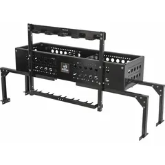 This 5-position vertical hand tool rack is designed for mounting on a trailer frame. It organizes hand tools in a vertical orientation, keeping them secure and accessible during transport or at a job site. The rack measures 37 1/4 inches in length.