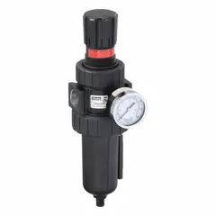 Parker 07E Series filter-regulator combines a 5 micron filter and pressure regulator in a single unit. Zinc body with nitrile seals. 3/4 in NPT ports, 90 cfm flow capacity, maximum operating pressure 125 psi. Used in compressed air systems to remove contaminants and regulate pressure for pneumatic equipment.