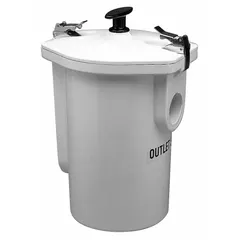 PVC solids interceptor designed to capture and retain solid debris from wastewater flows. Includes a removable sediment bucket for easy cleaning. Flow rate 15 gpm, overall width 24 1/2 in, overall length 9 in.