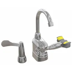 Counter-mount single-lever faucet with integrated eyewash, providing eye coverage without a bowl. Activation is swing-right. Suitable for emergency eye irrigation in laboratories, factories, and industrial facilities where immediate access to eyewash is required.