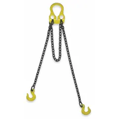 This adjustable-length double-leg chain sling is constructed with Grade-100 chain and features sling hooks for secure attachment. It is used for overhead lifting and rigging in industrial settings where load positioning flexibility is required. The sling accommodates unbalanced loads and is suitable for heavy-duty lifting applications.