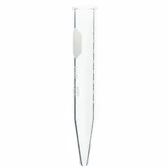 This KIMBLE glass centrifuge tube has a 12 mL capacity, 17 mm body diameter, and 118 mm overall height. The conical bottom facilitates pellet collection during centrifugation. It is graduated for volume measurement and does not include a closure. Suitable for laboratory separation processes such as sample preparation and sedimentation.