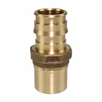 This expansion brass barbed tube fitting connects 1 1/4 in PEX tubing to a 1 1/4 in pipe using a barbed x press-fit connection. Made of brass/copper, it employs the Expansion PEX connection method for use in plumbing and hydronic heating systems