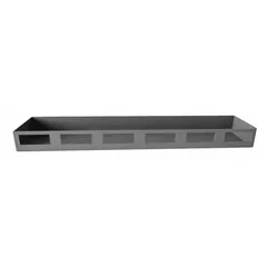 This extra door shelf is designed for Durham bin cabinets, model SJC-DLP-4S-14DS-95. It measures 18 inches wide, 4 inches deep, and 2 inches high, with a gray finish. The shelf attaches to the inside of the cabinet door to provide additional storage for small parts and tools.