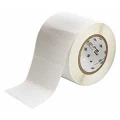 Thermal transfer precut label roll with rubber, aggressive adhesive for permanent bonding. Contains 1,000 labels, each 2 in x 4 in. Compatible with THT printer series. Used for asset tagging, pipe marking, and safety labeling in industrial environments.