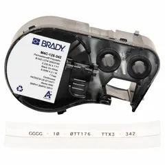 This continuous sleeve label roll cartridge is made of white matte polyolefin and is designed for wire and cable identification. It accommodates 16 AWG to 22 AWG wire gauge and is compatible with the M510 printer series. Typical applications include labeling in electrical panels, control cabinets, and data centers.