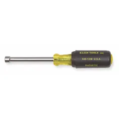 SAE nut driver with a round shank and magnetized tip, sized 1/4 in. Hollow shank accommodates long bolts. Used for driving and removing hex-head fasteners in electrical, mechanical, and maintenance applications.