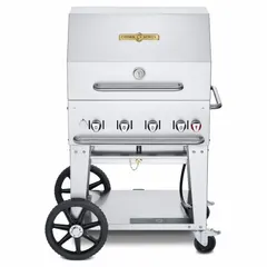 This wheeled propane grill features 4 burners with a total heating capacity of 64,500 BtuH. It has an overall height of 37 inches and depth of 27 inches, designed to accommodate one 20 lb propane tank. Suitable for outdoor cooking applications such as catering, food service, and large gatherings.