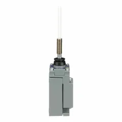 Plug-in limit switch with wobble-stick actuator and metallic zinc body. Features screw clamp terminals for electrical connection. Used for position sensing in industrial machinery and conveyor systems.