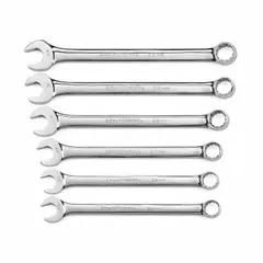 This 6-piece set of metric 12-point combination wrenches is constructed from alloy steel with a full polish chrome finish. The 12-point design allows for multiple engagement angles on hex fasteners, useful in confined spaces. Suitable for tightening and loosening metric nuts and bolts in automotive, industrial, and mechanical applications.