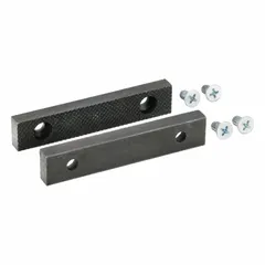 Steel screw-in vise jaw caps designed to replace worn or damaged jaws on a 5-inch vise. Includes 4 screws for installation. Serrated surface provides secure grip on workpieces during machining, assembly, or repair tasks.