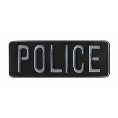 Embroidered insignia featuring a Police design. Measures 11 in x 4 in, Black/Gray color, made of polyester/rayon blend with a back suitable for attachment. Commonly sewn or attached to uniforms, jackets, vests, bags, or tactical gear for identification or display.