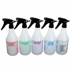 White polypropylene bottle with black trigger sprayer, adjustable mist/stream nozzle, and graduation markings. Sold as a 5-pack. Suitable for dispensing cleaning solutions in janitorial and maintenance applications.