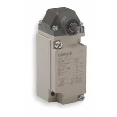 The OMRON D4A2510N is a top-mount roller-plunger limit switch with a metallic housing and stainless steel construction. It features DPDT simultaneous operation and screw terminals, with momentary switching action. Typical applications include position sensing and control in industrial automation, such as on conveyors, packaging machinery, and material handling systems.