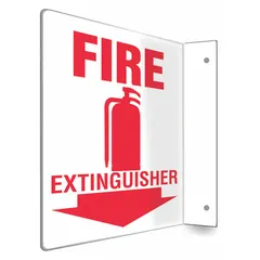 This L-shape projection fire extinguisher sign is designed for clear visibility in facilities. It features an 8 in x 8 in nominal size with mounting holes for secure installation. The sign is not retroreflective, not glow-in-the-dark, and has no anti-slip surface. Suitable for marking fire extinguisher locations in industrial, commercial, and warehouse settings.
