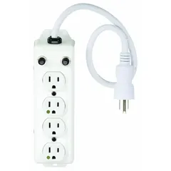 This healthcare power strip features 4 outlets with a 2 ft cord and 15 A rating. It is UL 1363A certified and comes in a white finish with a 5-15P plug and 5-15R receptacle. The keyhole mounting style allows for secure attachment to walls or equipment in medical settings.