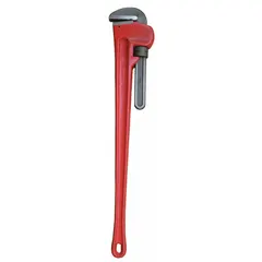 This straight pipe wrench features a serrated jaw and I-Beam handle for gripping and turning pipes, fittings, and round stock. With a 48-inch overall length and 6-inch jaw capacity, it provides leverage for heavy-duty plumbing and maintenance tasks.