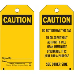 Black caution pre-printed header tags for industrial safety identification. Supplied in a 25-pack. Used to mark equipment, pipes, or areas requiring caution in lockout/tagout procedures.