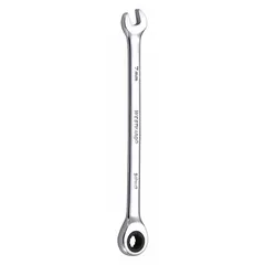 This metric 12-point ratcheting combination wrench is made from alloy steel with a chrome finish. It has a 7 mm head size and a standard overall length of 5 1/8 inches. Used for tightening or loosening fasteners in confined spaces where a standard wrench cannot easily turn.