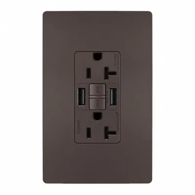 LEGRAND Receptacle: Duplex, 5-20R, 2 USB Ports, USB Type A, Brown, 125V AC, 20 A - Weather-Resistant Receptacles with USB Chargers