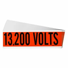 Self-stick vinyl markers for identifying voltage on electrical conduit and equipment. Each label displays '13,200 Volts' in Label Style A. Label height 2 1/4 in, width 9 in. Pack of 25.