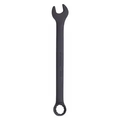 This SAE 12-point combination wrench is constructed from alloy steel with a black oxide finish. It features an 11/16-inch head size and a 9-inch overall length with an offset design. Suitable for tightening or loosening fasteners in maintenance, repair, and assembly tasks.