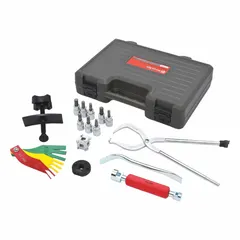 This steel brake service kit is designed for removing and installing shoe return springs and brake pads on GMC vehicles. The set includes a 3/8 in drive hex bit metric socket 7mm. Typical applications include brake system maintenance and repair in automotive service.